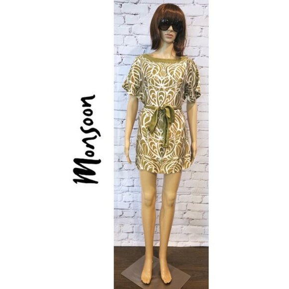 MONSOON, 100% silk dress! Green/cream leaf pattern dress - Picture 3 of 13